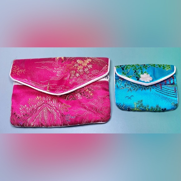 SHASHI! Set of 2 Silk Brocade Embroidered Clutch Pouch Asian‎ Bags Pink & Blue
